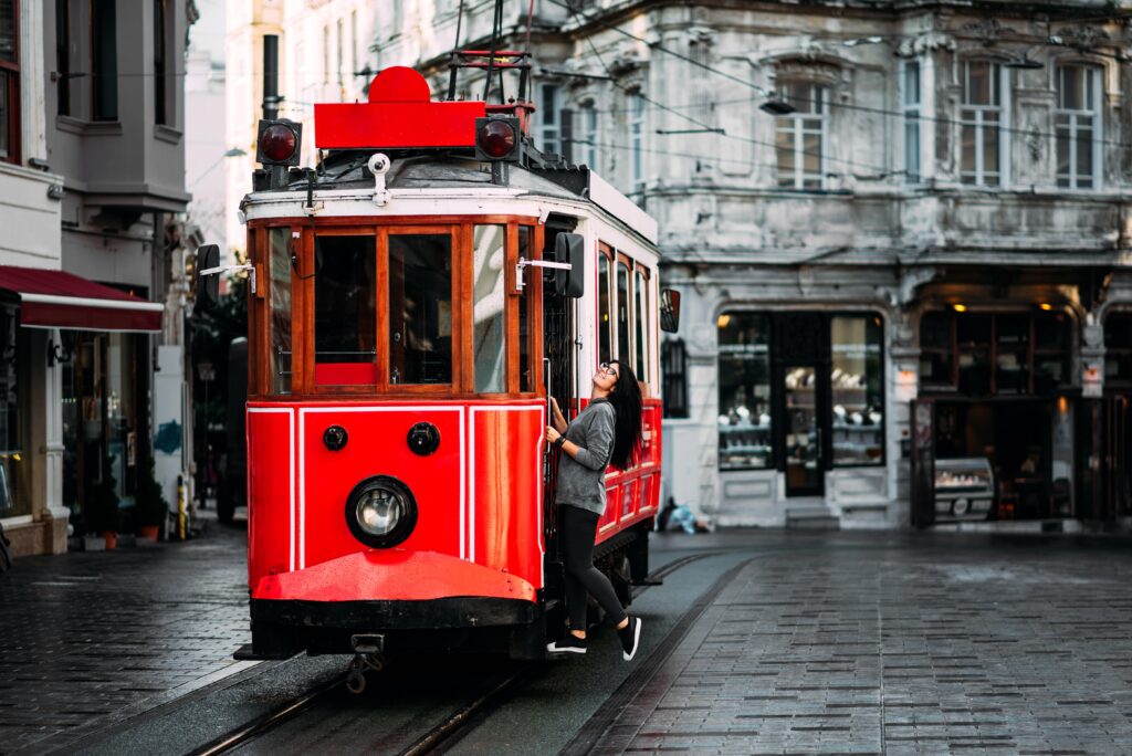 Girl in a vintage tram on the taksim istiklal stre
